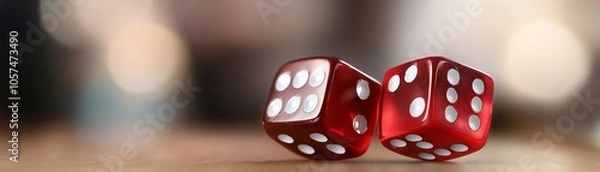 Fototapeta Close-up of red dice displaying different numbers on a wooden surface, creating a vibrant and playful scene for gaming or decision-making.