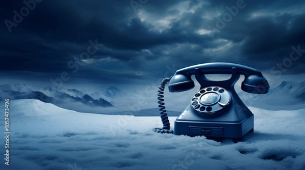 Fototapeta Retro telephone in the snow with mountains and clouds in the background, cold calling concept