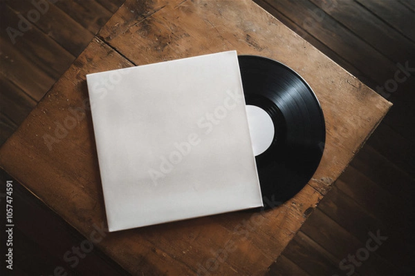Fototapeta 나무 테이블 위 LP 레코드판 바이닐 디자인 목업 템플릿