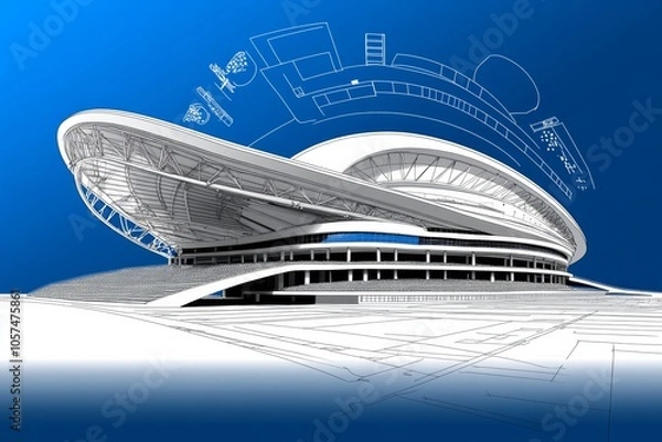Fototapeta A blueprint of a stadium with detailed seating arrangements, lighting design, and roof structure, showcasing the complexity of large-scale sports venue design, symbolizing entertainment and