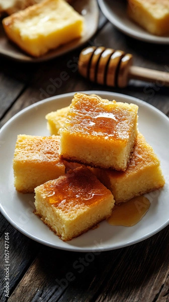 Fototapeta Freshly baked cornbread squares are stacked on a plate, drizzled with honey, ready to be enjoyed as a sweet treat