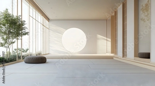 Fototapeta Empty room in a modern minimalist house with white wall wallpaper, in the style of Japanese zen inspired, beige, minimalist stage design