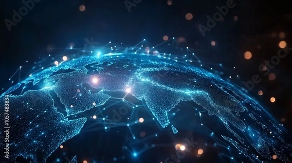 Fototapeta Concept of a blue-glowing global network around Earth, highlighting technology and information flow