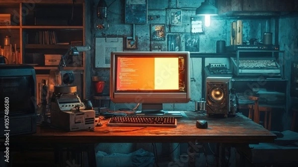 Fototapeta There is a computer that is placed on top of a wooden desk in a dark room