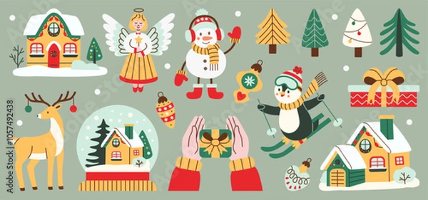 Fototapeta Flat style Christmas set with festive characters and decorations, including an angel, snowman, reindeer, penguin, gifts, holiday houses, and winter trees. Ideal for holiday designs and decorations.