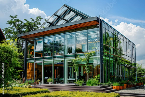 Fototapeta Large glass house with a lot of greenery and a patio. The house is surrounded by trees and has a lot of natural light coming in through the windows. The house has a modern and luxurious feel to it