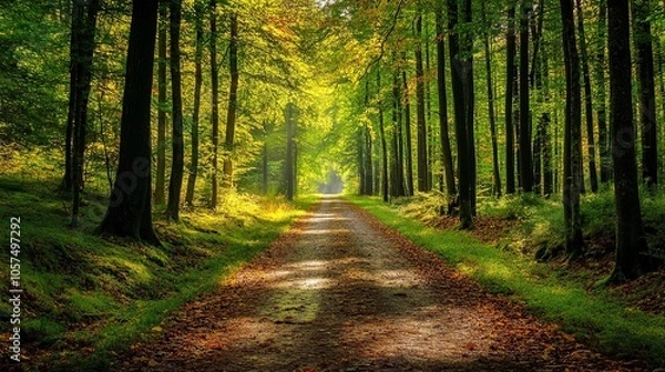 Fototapeta Serene Forest Pathway Illuminated by Warm Sunlight During Autumn in a Lush Green Woodland. 