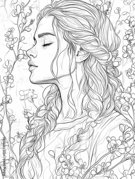 Fototapeta Coloring page for adults, young girl in a light dress in the garden