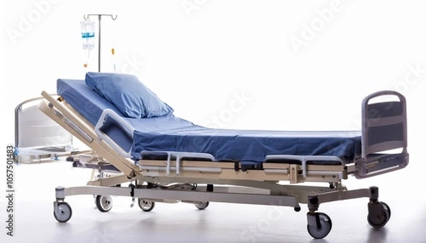 Obraz Hospital Bed on White Background Isolated. Full Shot of Medical Devices.