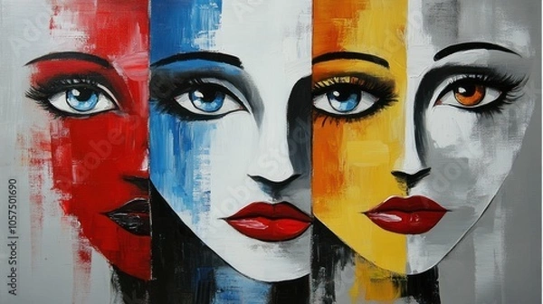 Fototapeta A captivating portrayal of abstract human faces, blending colors and emotions through vibrant art, inviting deep reflections on identity.