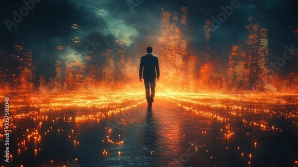 Fototapeta A solitary figure walks through a surreal, fiery landscape, evoking mystery and introspection.