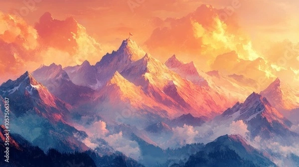 Fototapeta A pastel mountain range with a tiny flag at the top,