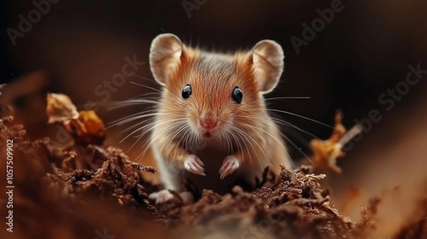Fototapeta A close-up of a tiny mouse surrounded by soft autumn tones, showcasing delicate details of its fur and curious expression.
