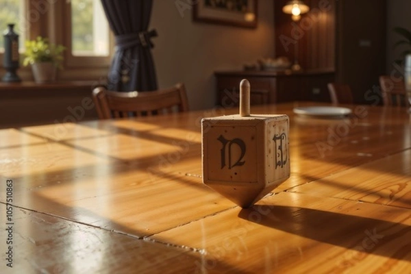 Fototapeta Wooden dreidel spinning on a table with warm sunlight streaming through the window