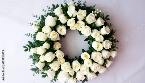 Fototapeta Funeral wreath of white roses and greenery, softly arranged in a circular shape, creating calm and respectful atmosphere