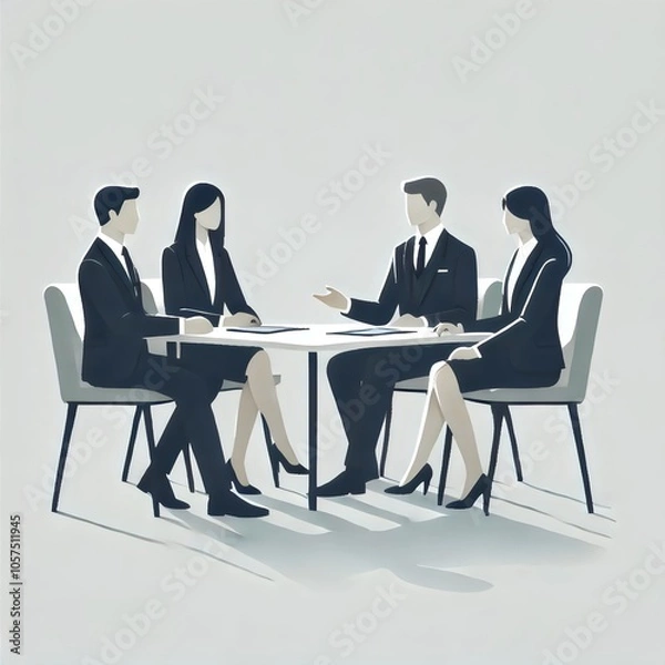 Fototapeta A minimalist illustration of a professional meeting, with four individuals engaged in discussion around a table