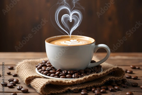 Obraz Steaming cup of coffee with heart latte art surrounded by coffee beans