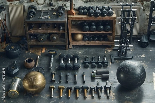 Fototapeta A Well-Equipped Home Gym Featuring Diverse Weight Training Equipment