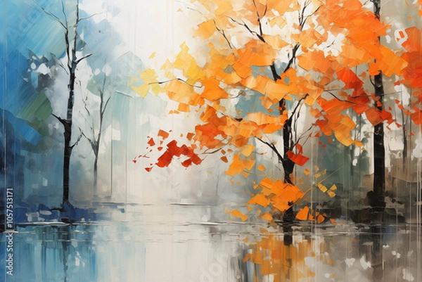 Fototapeta Abstract oil painting of trees with orange leaves on the water, misty forest, foggy morning, reflection in the lake surface, light blue and white color palette, soft lighting, modern art style