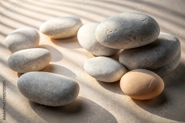 Fototapeta Smooth pebbles arranged on a sandy surface, illuminated by soft light, creating gentle shadows and a tranquil atmosphere.