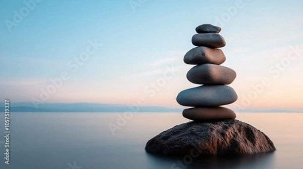 Fototapeta Stack of smooth stones balanced on a rock in calm water at sunrise or sunset, with a pastel-colored sky and distant horizon creating a tranquil and serene atmosphere.