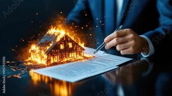 Fototapeta A businessman looks concerned as he signs documents, with a burning house visualizing a serious disaster.