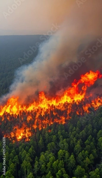 Fototapeta Aerial view of a vast forest on fire
