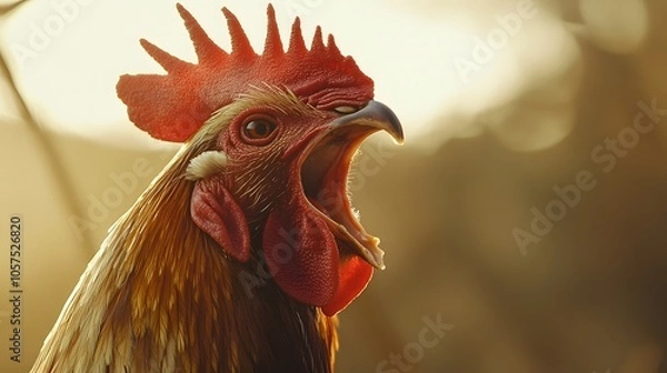 Fototapeta A proud, red cockerel with a vibrant crest stands tall in a close-up portrait
