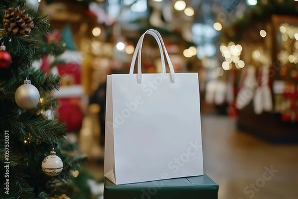 Obraz A blank white gift bag displayed near a beautifully decorated Christmas tree in a festive market setting