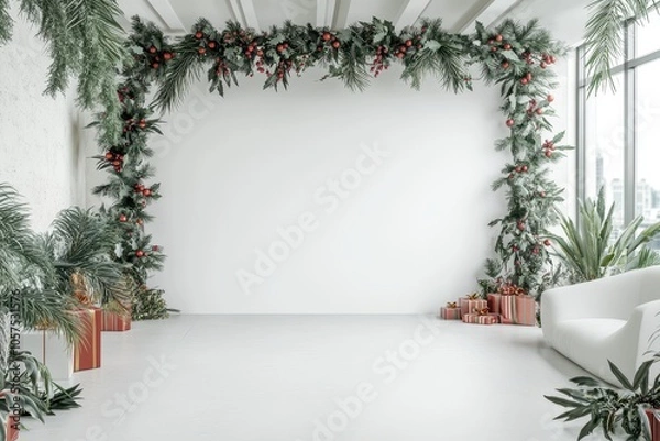 Obraz Festively decorated indoor space with greenery and gifts for a holiday celebration in a modern setting
