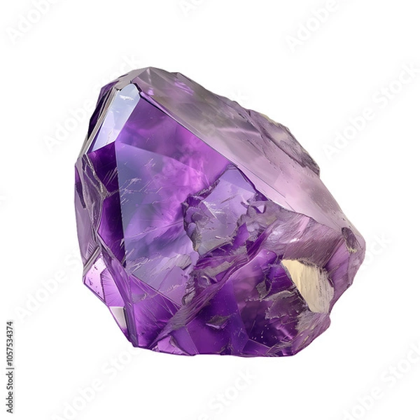 Fototapeta A single, purple amethyst crystal with sharp edges and facets, isolated on a black background.