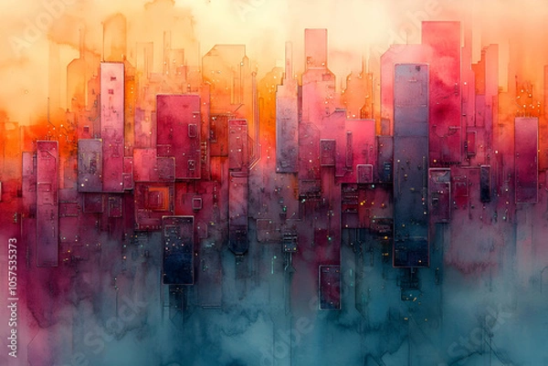 Fototapeta A vibrant, abstract cityscape blending warm and cool colors, shrouded in mist, evoking a feeling of dreamlike urbanity.