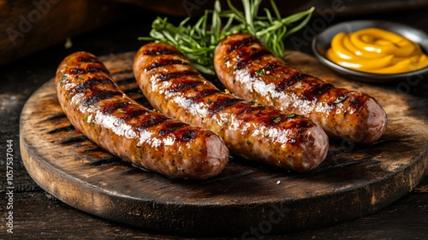 Fototapeta Juicy sausage links sizzling on grill, served with mustard