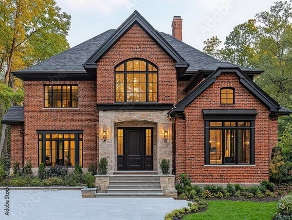 Fototapeta  Charming brick house with large windows and traditional design, surrounded by greenery, symbolizing warmth, elegance, and classic residential style.