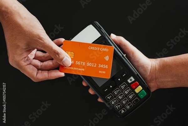 Fototapeta Close up hand doing contactless payment using credit card on EDC machine. Cashless, touchless, modern wireless payment, financial and business concept.