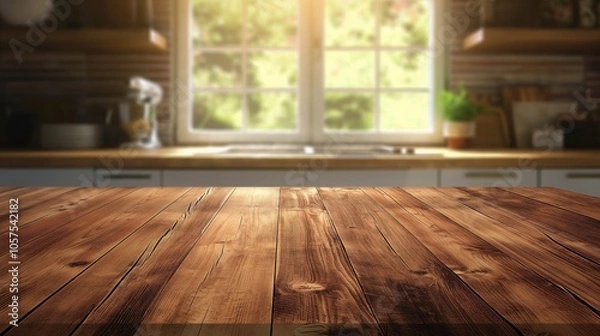 Fototapeta Wooden table in country kitchen with blurred background. Wood rustic counter for product display, showcasing bright and clean interior design, ideal for cooking and home lifestyle