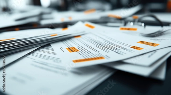 Fototapeta Close-up of a stack of documents with highlighted text and orange labels spread across a cluttered office desk.