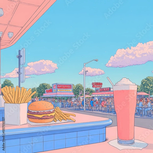 Fototapeta Whimsical Illustration of a Bustling Diner Scene