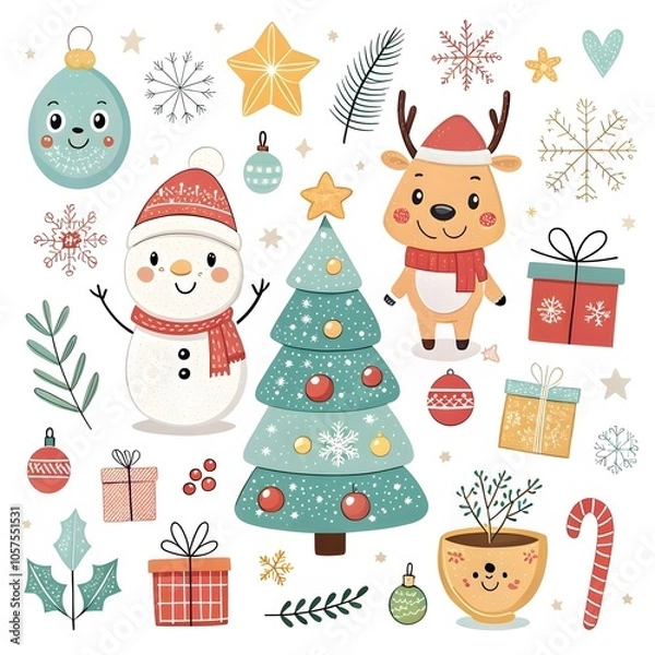 Fototapeta Christmas Ornaments with Santa Claus, Reindeer, and Snowman element collection 