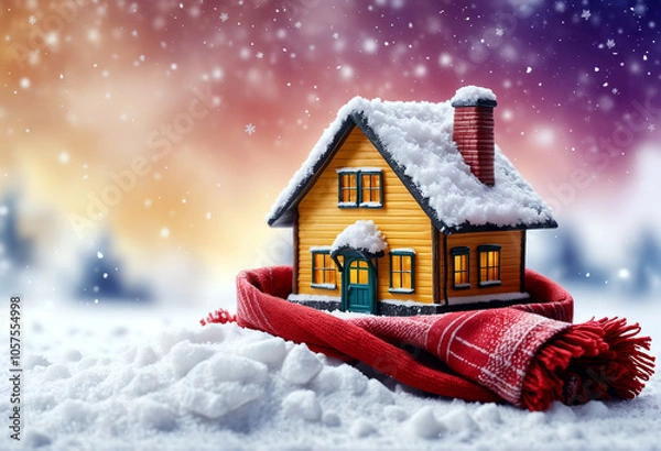 Fototapeta A house wrapped in a warm scarf, the concept of energy saving, thermal modernization and protection of the building against heat loss