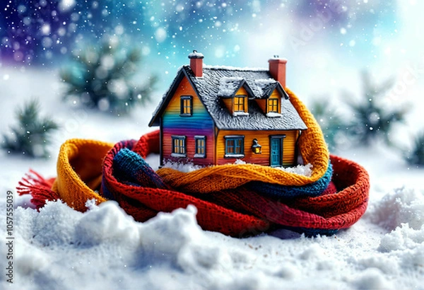 Fototapeta A house wrapped in a warm scarf, the concept of energy saving, thermal modernization and protection of the building against heat loss