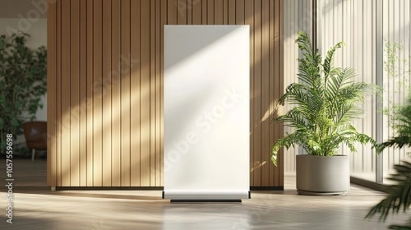 Fototapeta Roll up mockup poster stand. A roll-up booth in a minimalist environment. Blank space for text 
