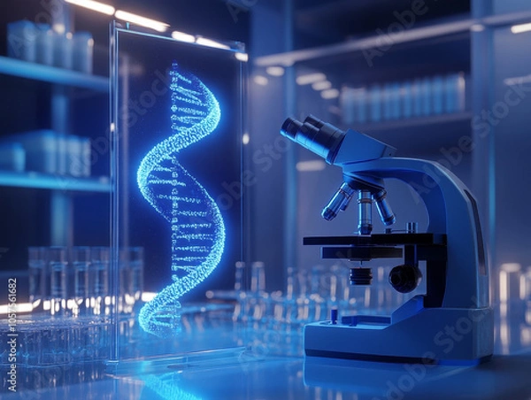 Fototapeta futuristic biology lab featuring microscope and holographic DNA strand, showcasing advanced scientific research and innovation