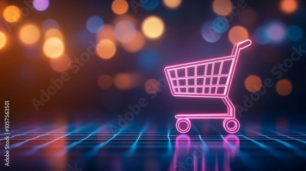 Fototapeta Neon shopping cart icon on digital grid with bokeh background.