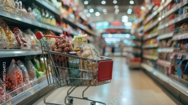 Fototapeta Grocery Shopping Cart Filled with Products in Store Aisle