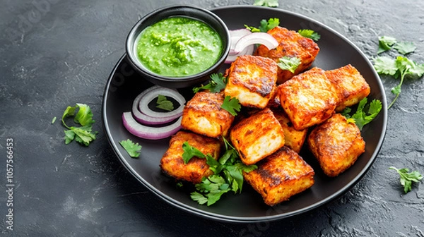 Fototapeta Crispy paneer pakora served with green chutney and garnished with onions