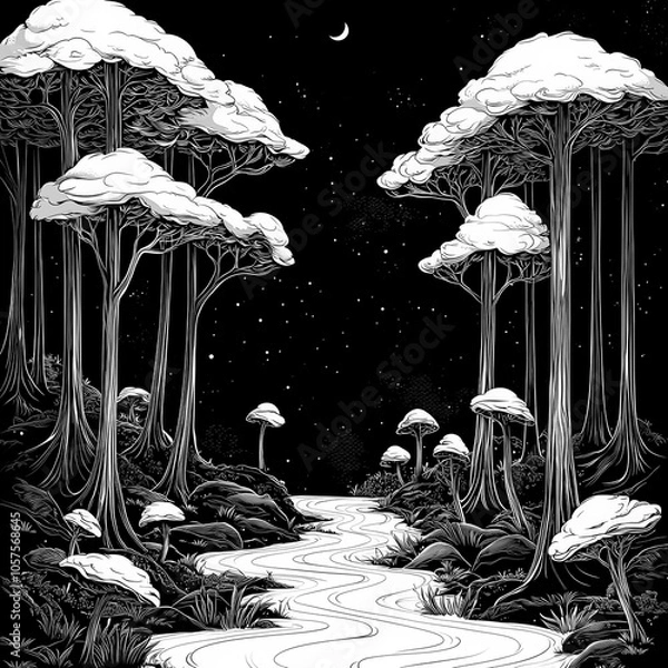 Fototapeta A magical forest with glowing trees at night, coloring page for kids, simple outline illustration. Coloring book, simple lines.