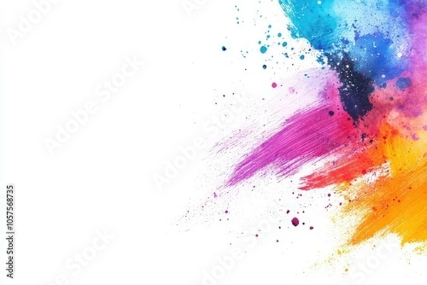 Fototapeta Bright and colorful paint splashes burst across a pristine white canvas, forming an energetic abstract design that captivates with its lively hues and artistic flair.