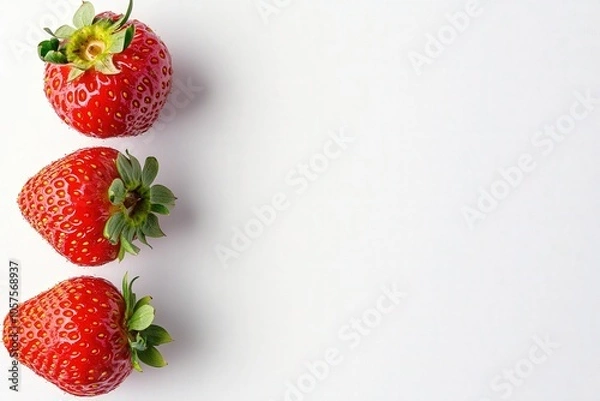 Fototapeta Fresh, vibrant strawberries are arranged neatly on a clean white background, highlighting their luscious red color and shiny texture. Perfect for a healthy snack or dessert inspiration.