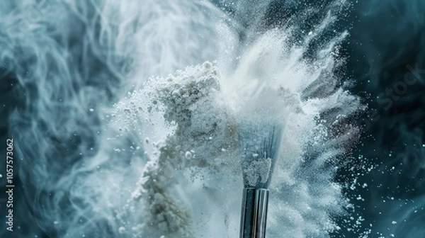 Fototapeta Professional brush in action, powder floating, clean backdrop, close-up photo with clean background